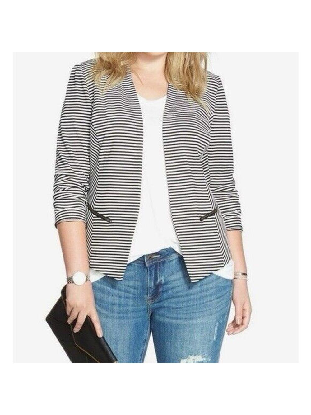 Sejour Black White Striped Ponte Knit Open Jacket Zip Pockets 16W